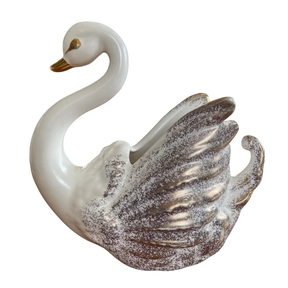 Vintage White Gold Ceramic Swan Planter Figurine Mid Century Modern Decor 6